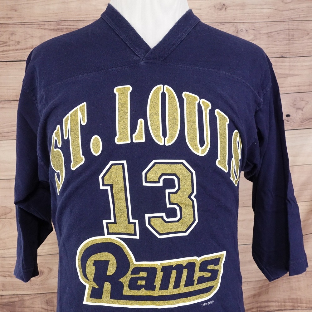 VINTAGE ST LOUIS RAMS 3/4 SLEEVE 2000 KURT WARNER V-NECK TSHIRT SZ L LARGE